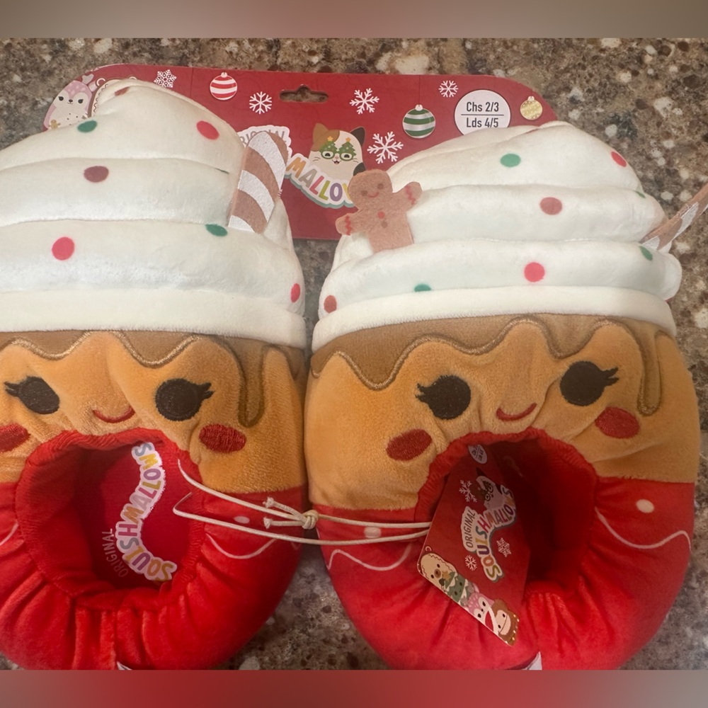 Squishmallows Red, White & Brown Gingerbread Kids One-Piece Slippers